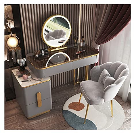 Juego de tocador de cristal, tocador, maquillaje, moderno, simple, avanzado, de madera, tocador, dormitorio, tocador, espejo inteligente, taburete de maquillaje, tocador, escritorio para mujeres/niña