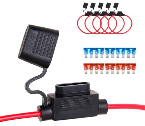 SCOOYUCK 5 Stück 16 AWG Sicherungshalter 12 Volt, Standard Medium ATC/ATO KFZ Flachsicherungshalter, Ausgestattet mit Sicherung (5×15A, 5×10A) Geeignet für Standard Sicherungshalter für Pkw, Lkw,