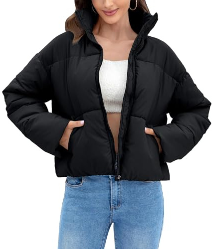 WHN Women' s Cropped Quilted Puffer Jacket Outerwear Coats Winter Warm Long Sleeve Stand Collar Zipper Padded Jacket with Drawstring and Pockets Black L
