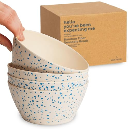 Nook Theory 4 Pack Bamboo Bowls - 22 Oz Reusable Toddler and Kids Bowl, Dishwasher Safe - Not Microwavable Bamboo Dishes (Terrablue)