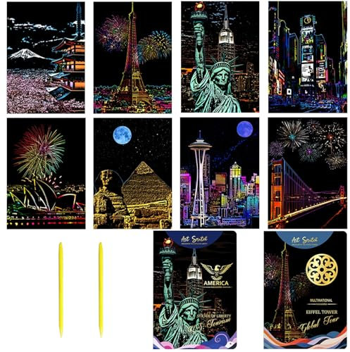 Georgie Porgy Kratzbilder Set DIY Bastelsets für Kinder Erwachsene Magic Rainbow Scratch Art Kratzpapier für Weihnachten Geburtstagsgeschenk mit Kratzwerkzeuge Kit (A5-Amerika + Welt Wahrzeichen)