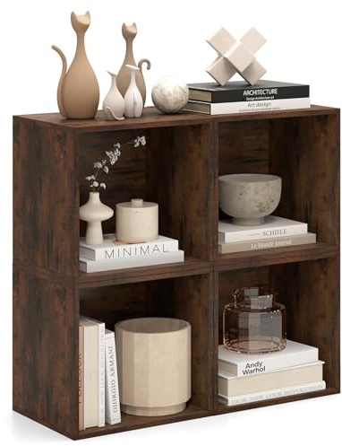 CASART Cube Bookcase Set of 4, Stackable Open Book Shelf, Wooden Cube Storage Organizer DIY Modular Storage Unit for Living Room Bedroom Study (Rustic Brown)