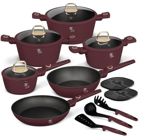 Berlinger Haus Leonardo Collection kastrullset 15 delar – matt Bordeaux – induktion – TitanPro non-stick-beläggning – smidd aluminium – PFOA-fri – med köksredskap och silikonunderlägg