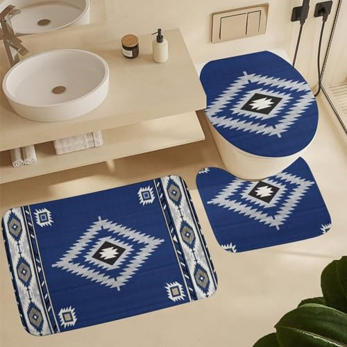 3 Piece Bath Mat Set Native American Vintage Ethnic Aztec U Shape Wc Toilet Rug Absorbent Decorations Shower Mats, For Indoor, Outdoor, Bedroom