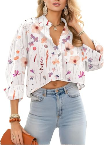 JINKESI Womens Button Down Cropped Shirt Loose Fit Style Casual Long Sleeve Collared Blouses with Pocket Ink Lotus-M