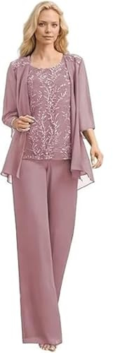 WEOKDFHA Abiti per la Mamma della Sposa Completo da 3 Pezzi in Chiffon con Pantaloni for la Madre della Sposa, Applicazioni in Pizzo, Elegante Abito Formale da Donna con Giacca(Pink,14)