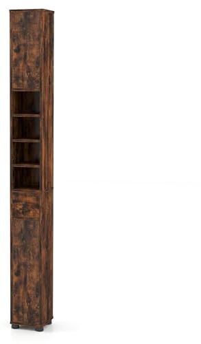 COSTWAY Badschrank schmal, Badezimmerschrank mit 2 Türen, 1 Schublade & verstellbaren Regalen, Bad Hochschrank platzsparend für Badezimmer, Wohnzimmer, 20 x 20 x 180 cm (Mit 4 Ablagen,Braun)