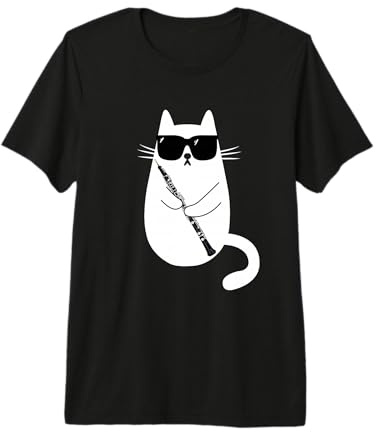 Gatto Divertente con Occhiali da Sole Musicista Oboe Maglietta Premium