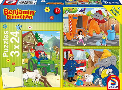 Schmidt Spiele 56207 Benjamin Blümchen, In Aktion, 3 x 24 Teile Kinderpuzzle