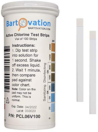 100 PK Plastic Active Chlorine Bleach Test Strip, High Level Up to 2000ppm for Sanitizers and Disinfectants Designed for DAYCARES & Senior Homes
