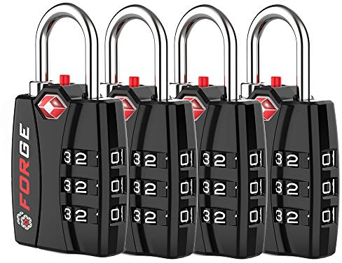 Forge Open Alert TSA Approved Luggage Locks - 3 Digit Combination, Easy Read Dials, Zinc Alloy Body - Ideal Travel Lock for Luggage, Suitcases, Bags & Toolboxes (Black 4 Locks)