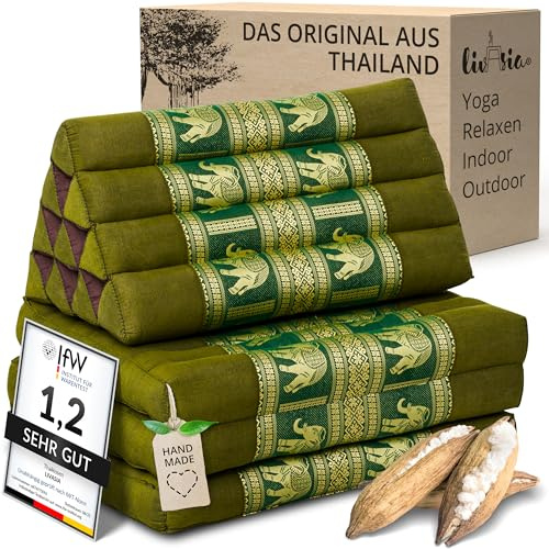 livasia Thai cushion with 3 seat rests - 69x22x3.1″ - Thai silk, Triangle cushion with folding mattress, Back support cushion, folding, Thai mat, Hand made with kapok (Green/Elephants, Silk)