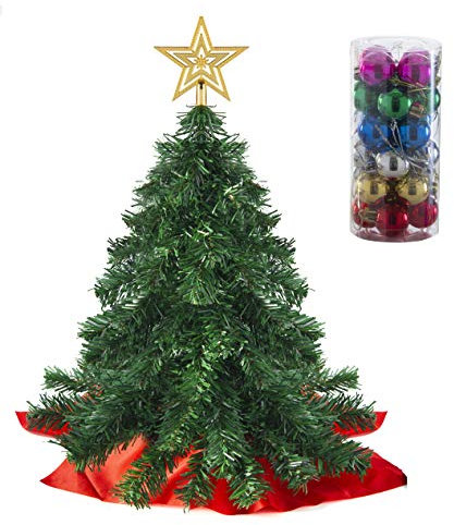 Prextex Weihnachtsbaum Künstlich 56cm, Mini Weihnachtsbaum Set für Tische mit Stern-Baumspitze und hängendem Baumschmuck für DIY-Weihnachtsdekoration