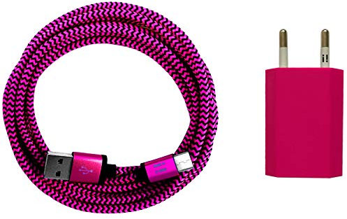 i! - 1A USB Netzteil + 2m Premium Nylon USB-C Schnellladekabel Datenkabel Ladegerät Set für Handy Tablet Smartphone - pink