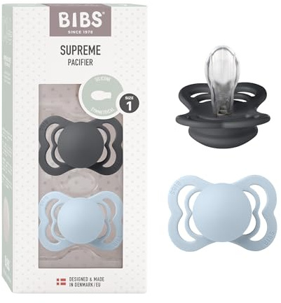 BIBS Supreme Dummies 2-Pack, BPA Free Dummy Pacifier, Silicone Symmetrical Nipple Soother, Size 1 (0-6 Months), Iron/Baby Blue