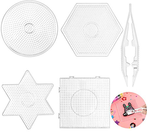yeestone Bügelperlen Platten Set, 4 Stück Stiftplatte für Bügelperlen, Transparent, Groß, Quadratisch, Sechseckig, Stern, DIY Prozess, Manuelle Erstellung, Mit Pinzette