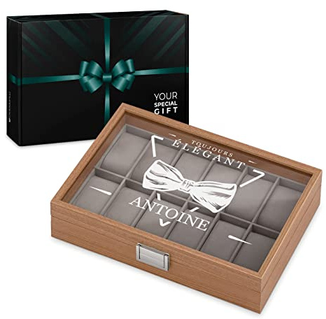 Maverton Boîte à Montres personnalisée - Coffret de rangement pour 12 montres - Étui en Bois pour 12 Montres avec gravure - Cadeau d’anniversaire pour chaque homme - Noeud papillon
