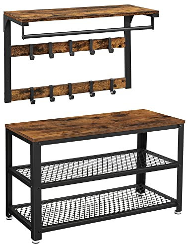 VASAGLE Wandgarderobe, Schuhbank, Wandregal mit Ablage und 10 Haken, Schuhregal mit 3 Ebenen, Aufbewahrung, Metallgestell, Flur, Eingangsbereich, Industrie-Design, vintagebraun-schwarz LCR173B01
