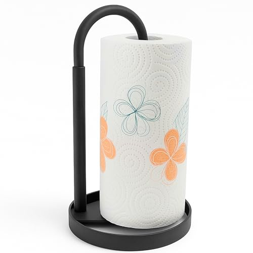 Portarrollos de Papel de Cocina de Pie - Soporte para Rollo Metálico Negro Moderno - Dispensador Vertical y Resistente para Encimera de Cocina y Baño
