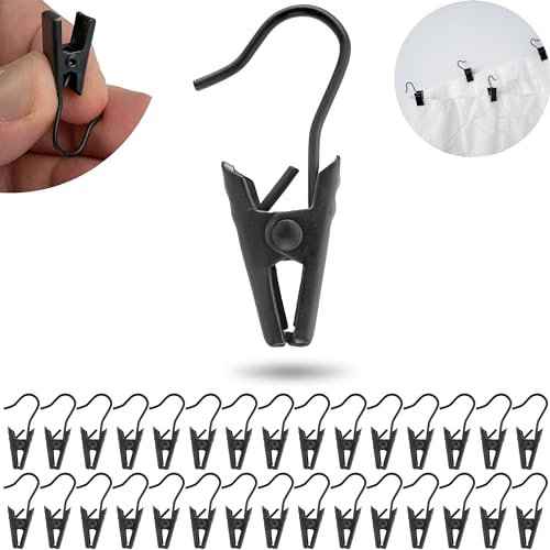 Gardinenklemmen, 30 Pack, in Schwarz, mit Ø 7 mm Haken Öse, 32 mm Lange Vorhang Clips mit Haken, Gardinen Klammern, für Duschvorhang, Fenster Vorhang, Mehrzweck Hakenklammer, Lichterkette Halter