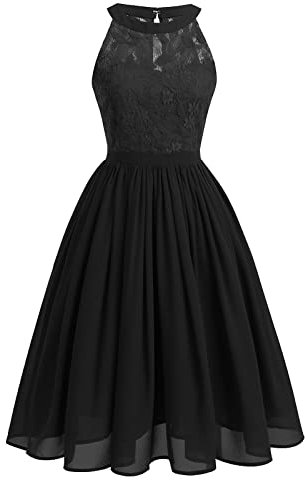 Abendkleider Elegant für Hochzeit Damen 50er Jahre Rockabilly Neckholder Swing Spitze Chiffonkleid Festlich Abschlusskleid Brautkleid Cocktailkleid Weihnachten Silvester Kurz Partykleid Schwarz S