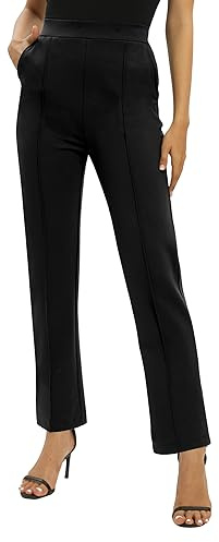 EXCHIC Donne Ufficio Casual Elastico Alta Vita Gamba Dritta Pantaloni con Tasche(M, Nero)