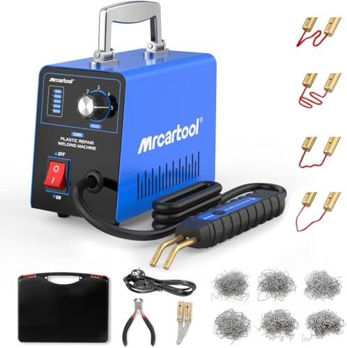 MR CARTOOL 220V Soldadura Plástica Máquina Kit de Soldadura de Plástico con 600 Grapas Calientes, Kit de Reparación de Parachoques de Coche con 15W/35W/45W/65W/80W Ajustable para Coche Moto (Bleu)