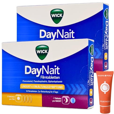 Wick DayNait Erkältungsmittel gegen Fieber, Kopfschmerzen, verstopfte Nase, laufende Nase, Gliederschmerzen I Sparset mit give-away von Pharma Perle (2 x 16 St.)