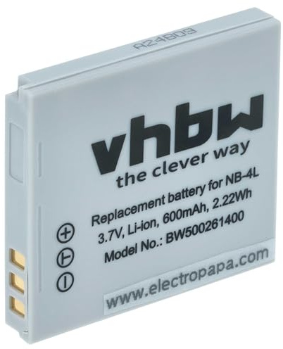 vhbw Akku kompatibel mit Canon Digital Ixus 70, 30, 75, 60, 65, i Zoom, 255 HS, 40, 50, i7, 80 is, 55, 82 Kamera (600 mAh, 3,6 V, Li-Ion)