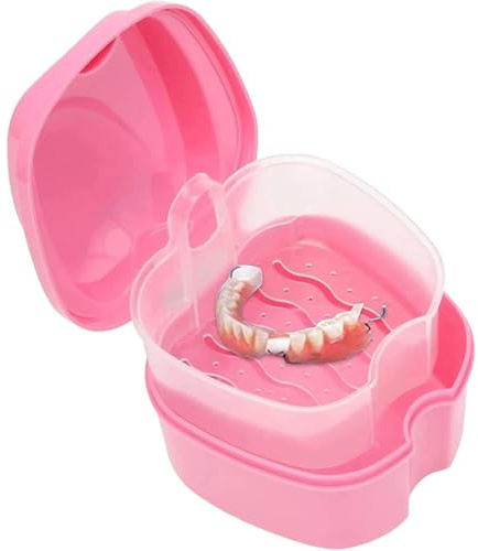 Aczyqws tandprotes badfodral bärbar ortodontisk tandhållare låda falska tänder förvaringsbehållare för proteser, invisalign, hängslen, munskydd reserengöring hållare falska tänder behållare (rosa)