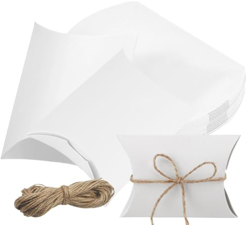 50 Pc Cajas de Regalo Pequeñas, Cajas de Almohadas Blancas Favor de La Boda Caja de Dulces de Papel Kraft, para Vacaciones, Cumpleaños, Fiesta, Boda, con 50 pc Twine Blanco