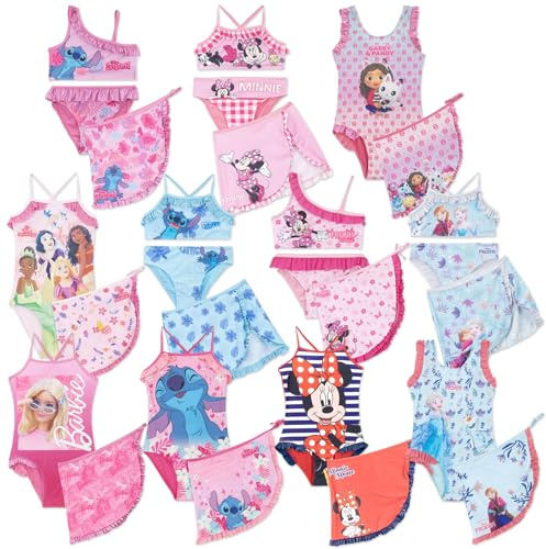 SUN CITY - Costume de plage fille 2 ou 3 pièces avec paréo ou jupe - Bikini ou ensemble - Ensemble d'été inspiré par des personnages de dessins animés, Stitch Rose Bikini Pareo 0593, 4-5 ans