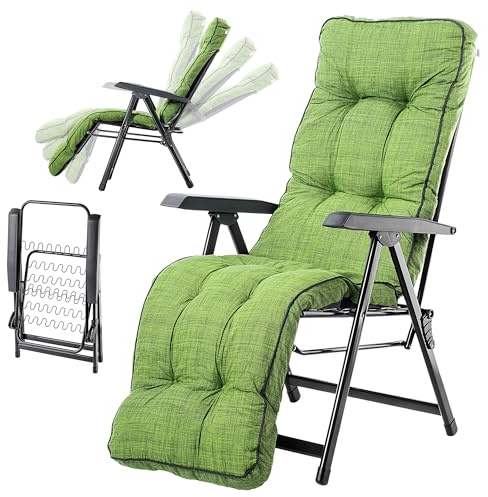 KADAX Gartenstuhl mit Fußstütze, Liegestuhl mit Kissen, Klappbare Sonnenliege, Gartenliege mit Verstellbarer Rückenlehne, Gartensessel, Relaxstuhl (Grün)