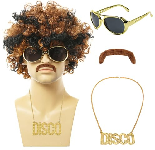 MLPKOI 4 Pcs Perruque afro avec Lunettes de Soleil, Fausse Barbe, Collier, Perruque Homme, Perruques, Année 80 70s, Disco Rocker Hippies pour Carnaval, Cosplay, Halloween, Soirée Fête à Thème