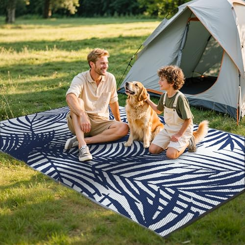 GENIMO Tappeto per Esterni 6x9 FT (180x270 cm), Impermeabile Reversibile con Motivo Fiori e Foglie in Blu Marino e Bianco per Giardino, Terrazza Grande, Area Relax – Design Botanico