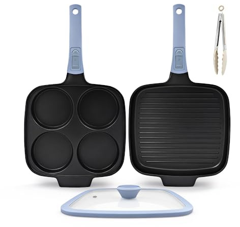 Bobikuke Juego de 2 Sartenes, Sartén Tortitas con Tapa + Grill Asador con Rayas 26 x 24 cm, Mango Extraíble, Aluminio Fundido, Revestimiento Antiadherente - Azul