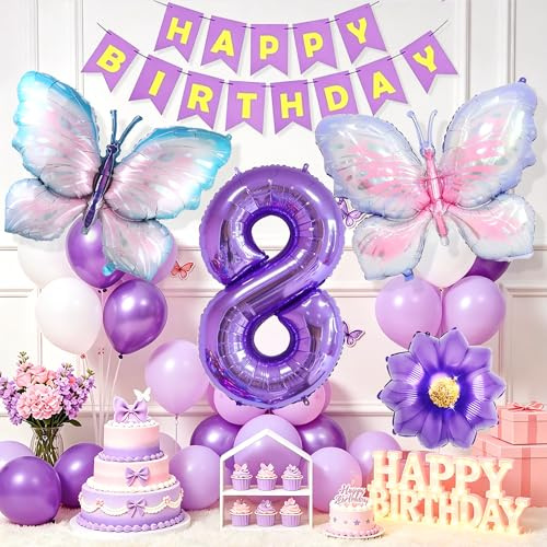 decoración globos mariposa cumpleaños niña ocho años adornos fiesta lila