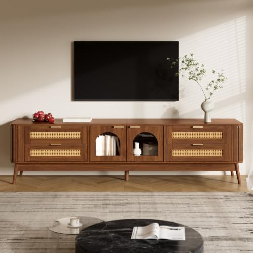 MOHUANG Mueble de TV con puertas de cristal templado abovedadas, aparador, armario de almacenamiento de madera aglomerada con patas de madera maciza, con cuatro empujones, nogal