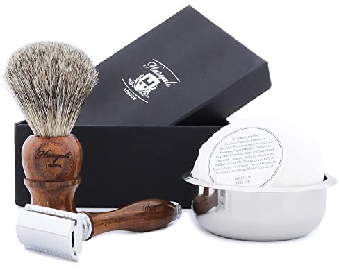 Haryali London Rasierset - 4 teilige Rasierset aus Holz - doppelkante Rasierhobel - Super Dachshaar Rasierpinsel - Rasierseife - Rasierschale - hochwertige Schwarz Set