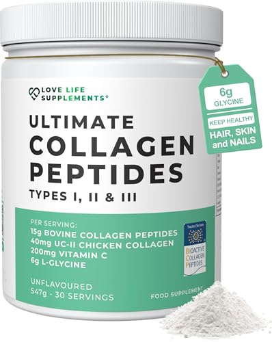 Ultimate Collagen Peptides by LLS - Hydrolysed Bovine Collagen Powder Types 1, 2 & 3 + Vitamin C & Glycine - Joint, Ligament, Tendon Strength & Muscle Building - Unflavoured, 547g, 30 x 18g Servings