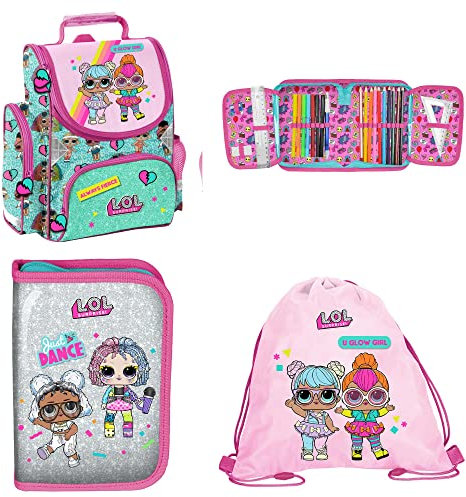 SCOOLSTAR LOL Schulranzen Mädchen 1 Klasse Tornister Schulrucksack Set 3 TLG. L.O.L. für Grundschule ergonomisch und anatomisch/inkl. Federmäppchen (gefüllt) und Sportbeutel