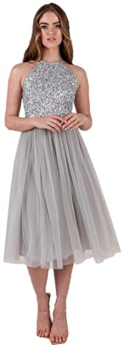 Maya Deluxe Midi para Mujer con Cuello Halter, Tul para Noche, graduación, Boda, Damas de Honor, Vestido de Baile Dama, Gris Suave, 38