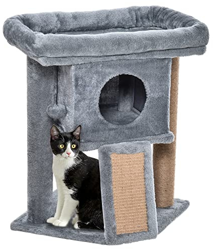 PawHut Kratzbaum 57 cm Kleiner Katzenturm mit Höhle, Spielball, große Plattform, Katzenkratzbaum, Kletterbaum, für Katzen bis 5 kg Hellgrau