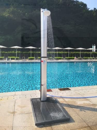 PONTTOR Solardusche 40Liter mit Fußdusche, warmes Wasser max.60°C, 360° schwenkbare Duschbrause, Gartendusche Pooldusche Außendusche, Duschvarianten 40L, Silber-schwarz, ohne Bodenplatte
