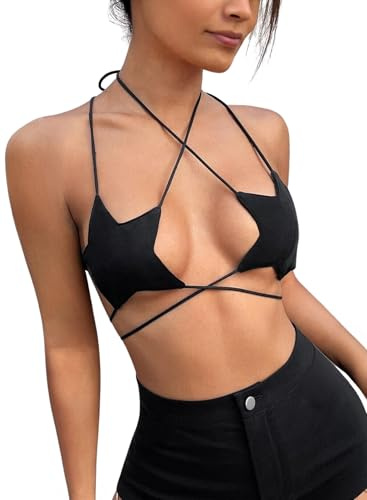 Ella Lust Rave Star Top for Women - Sexy Halter Party Dance Bra Backless Strappy Crisscross Wrap Tie Music Festival Outfit(Black,S,1078r)