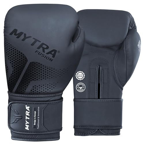 Mytra Fusion Boxhandschuhe Männer und Damen Muay Thai Handschuhe Echtes Leder Box Handschuhe für Boxen, Schlagen, MMA-Training und Workout 10, 12, 14, 16 oz Boxing Gloves (Black, 14-oz)