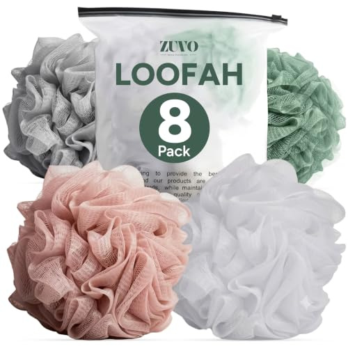 Zuvo Loofah Bath Sponge Pack of 8, Soft Shower Puff, Body Scrubber | Exfoliating Mesh Pouf, Gentle on All Skin Types, Hanging Loop, Quick-Dry, Assorted Colours, Unisex