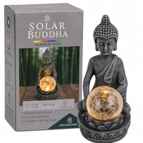 MIJOMA Solar Buddha-figur – färgskiftande LED-glasboll av bläckfisk för trädgård och dekoration, vattentät, polyresin och glas, 20 x 8 cm, meditation och andlighet