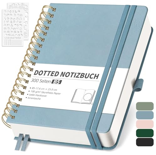 RETTACY Anteckningsbok B5-linjerad, bullet journal med 100 g/m² tjockt papper, 150 ark/300 numrerade sidor, collegeblock för kontor och skola, läderfodral, grå-blå, 17,6 cm x 25 cm