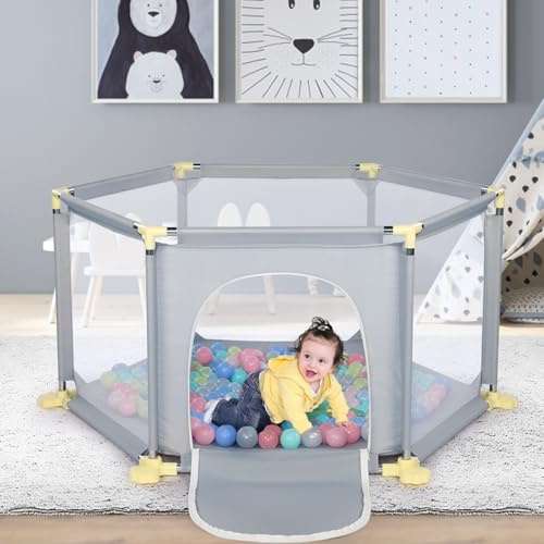 Light Grey 6-Panel Baby Playpen with Breathable Mesh and 30 Play Balls - Indoor/Outdoor Portable Kids Activity Centre for Toddlers